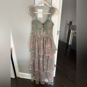 Vici Green Floral Ruffle Tiered Dress with Pink Accents